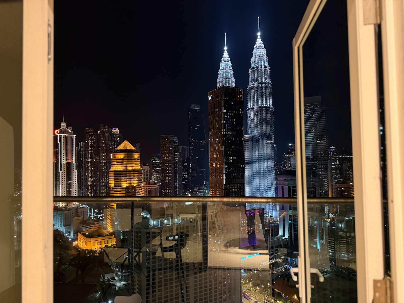 Petronas Twin Towers at night from Poshpack Skyline Hostel near KLCC